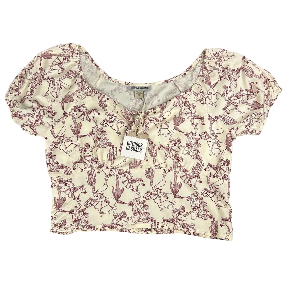 NWT Women's Western Crop Top Outdoor Casuals Cream Sz-XL Cowgirl Horse Cactus